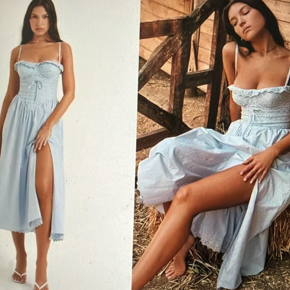 HOUSE OF CB 'Jaime' Soft Blue Broderie Anglais Midi SunDress